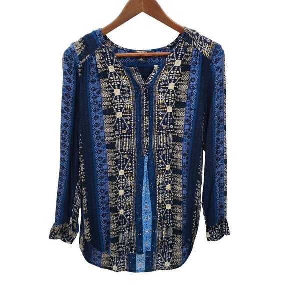 Nine West Womens Boho Lucy Tunic Top Blouse M Roll Tab Sleeve Half Button Blue - Picture 1 of 10